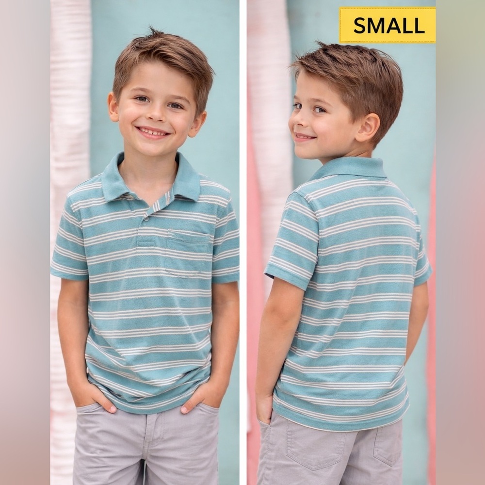Kids Polo Shirt with Teal and White Stripes boys SMALL